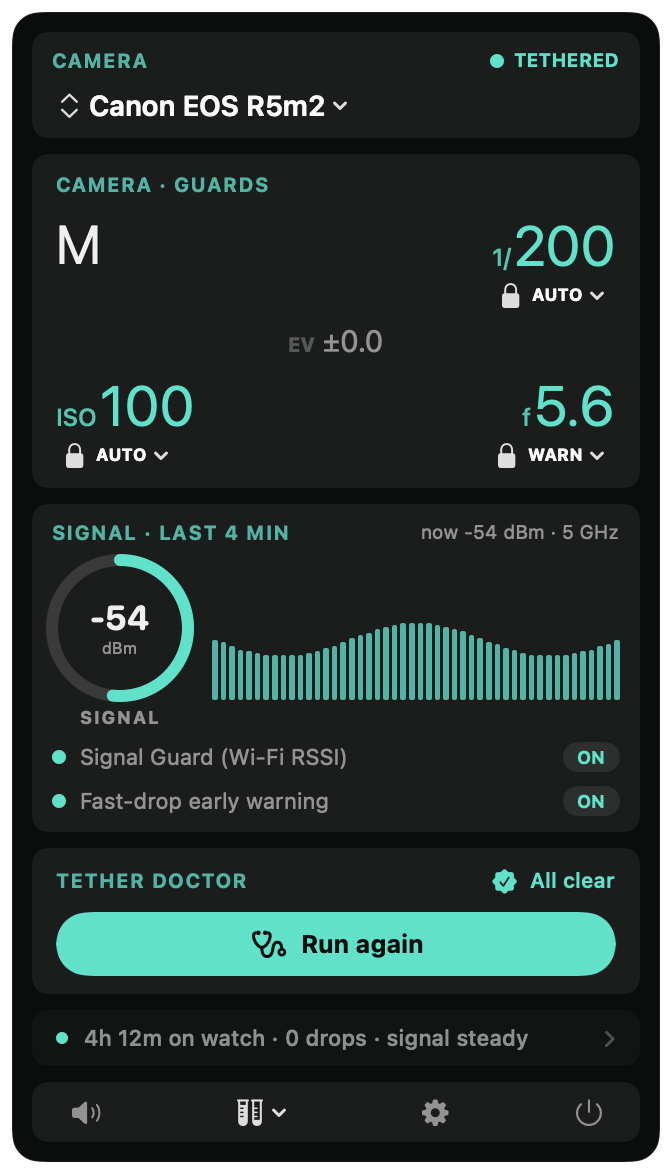 Capture Companion dashboard, camera HUD, signal sparkline, tether doctor.
